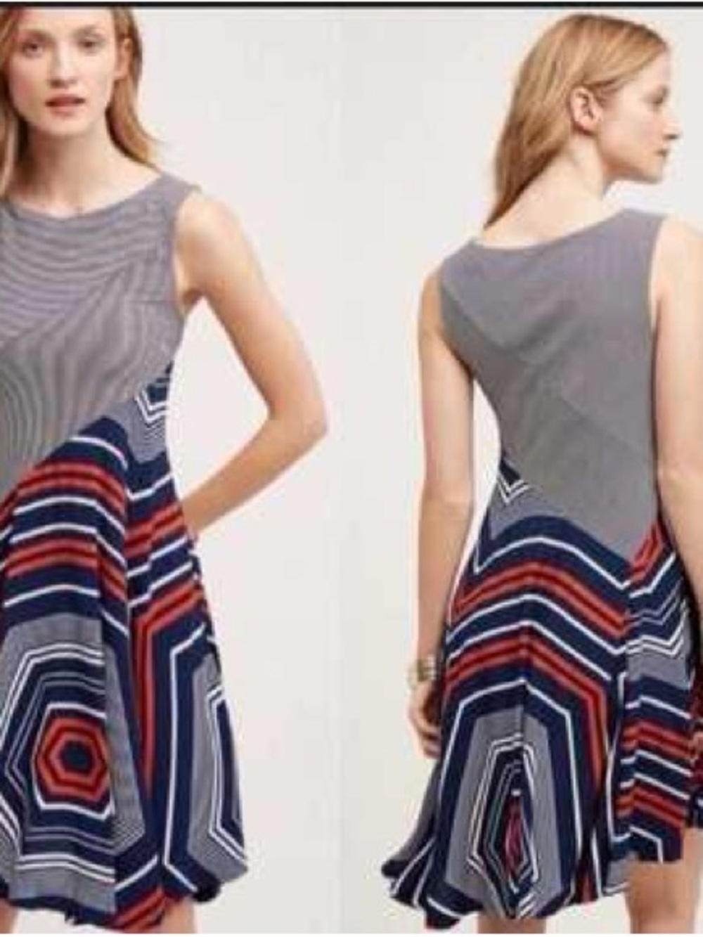 Anthropologie Maeve Cameron Asymmetrical Blue, Orange, White Flare Midi Dress